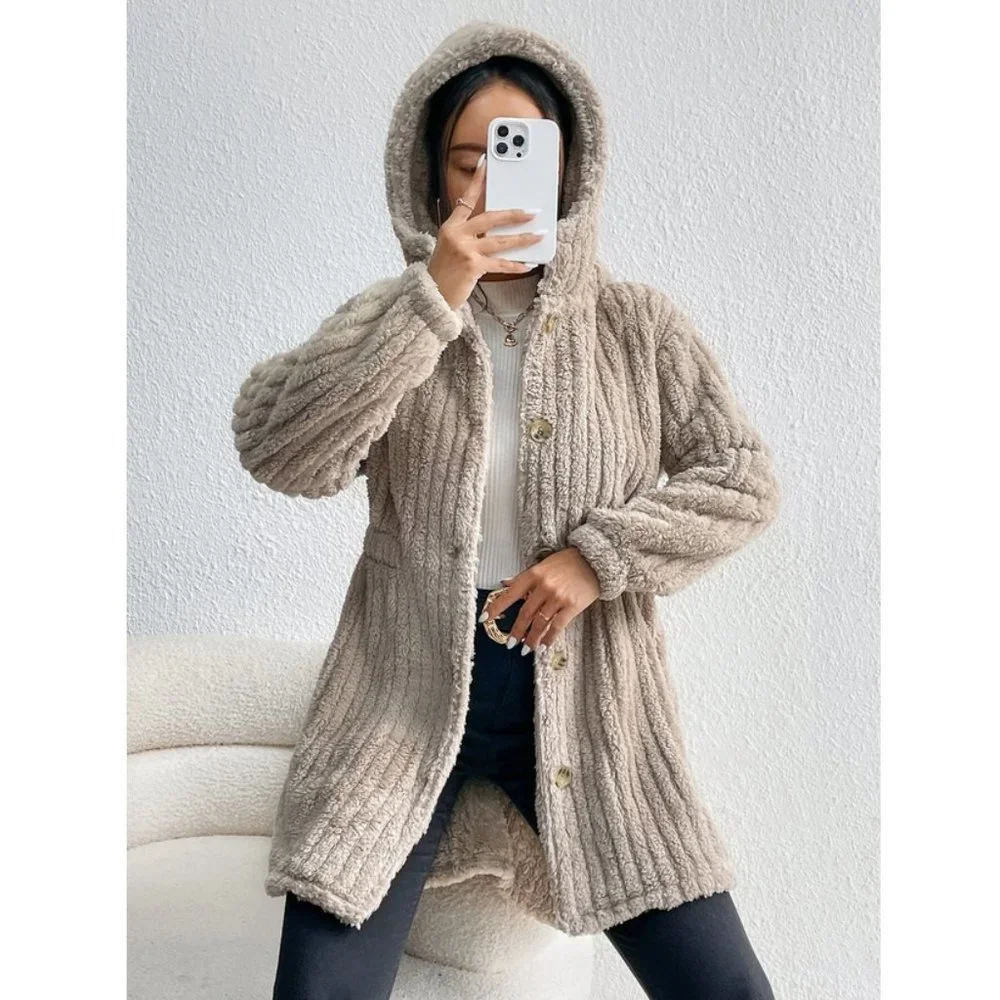 Khaki Button Front Hooded Teddy Coat - Picture 6 of 7